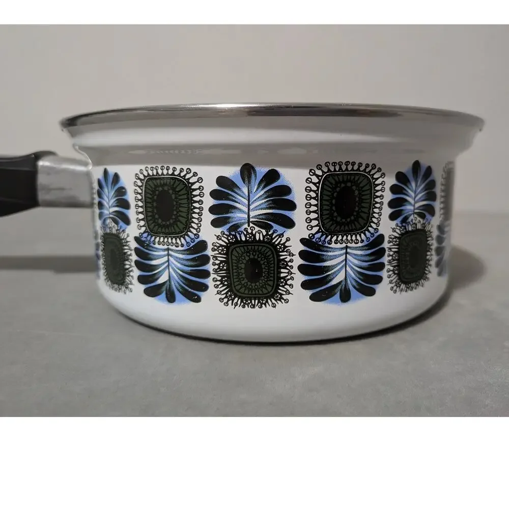 Vintage Austria Email Enamel Saucepan MCM Blue Green Peacock Universal Pot 1970s